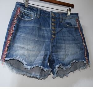 Miss Me Beaded High Rise Denim Shorts Button Fly Distressed Fringe Hem Size 30